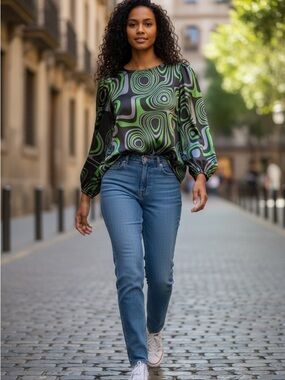 Zinc Green and Black Swirl Satin Blouse 3/4 sleeve elastic cuff pleats at neck M